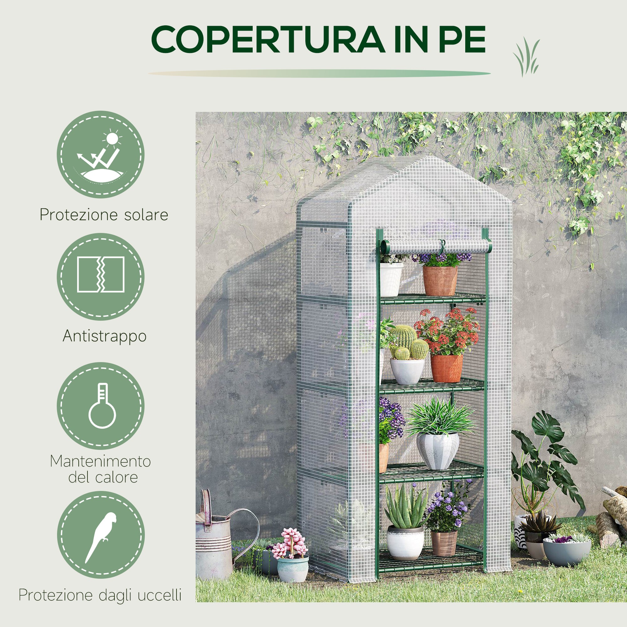Vertical Plant Greenhouse with 4-Tier Steel and PE Shelf, White, 70x50x160cm
