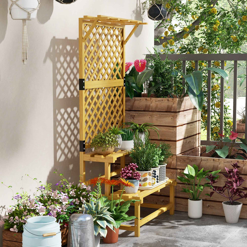 Outsunny Planter with Trellis for Climbing Plants, 2 Shelves and Top Bar, in Fir Wood, 75x50x166 cm, Yellow