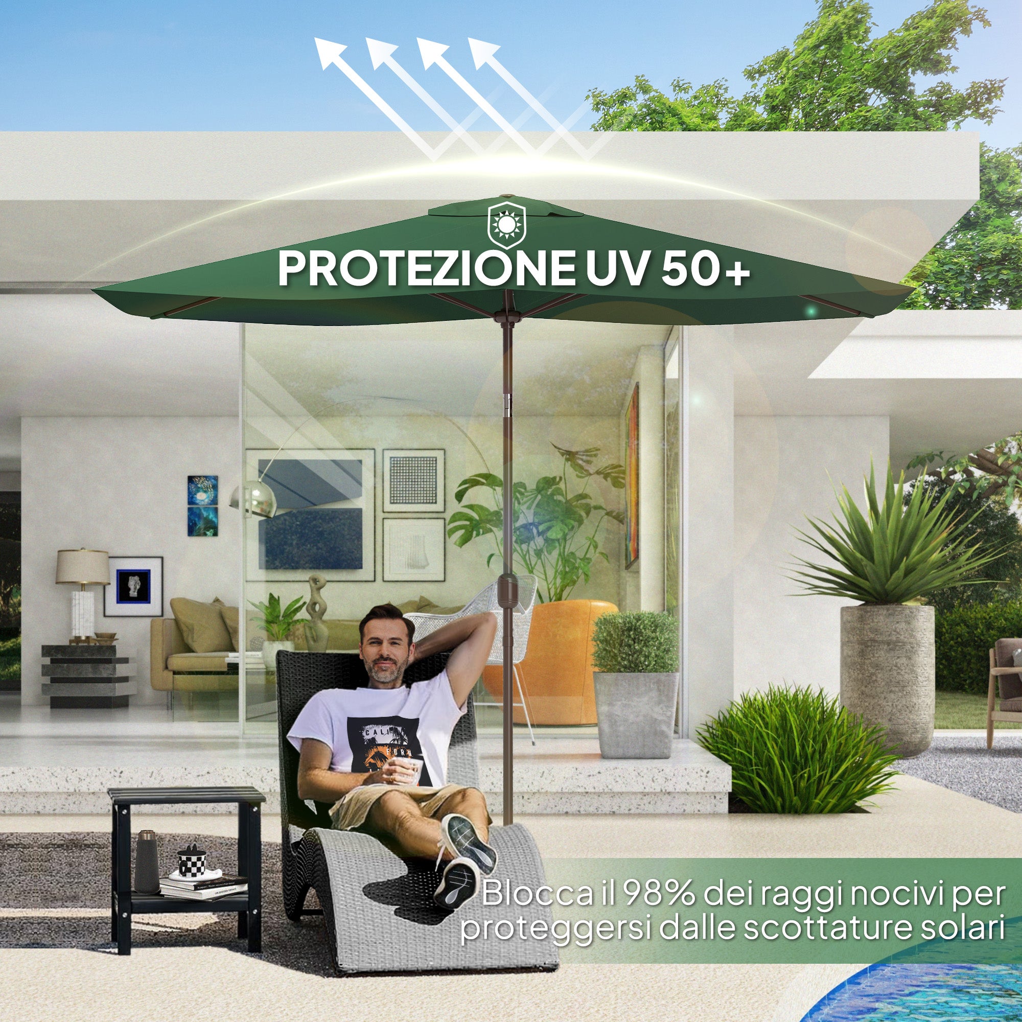 Replacement Cover for Rectangular Umbrella 3x2 m with 6 Ribs, Anti-UV 50+ Polyester, Green
