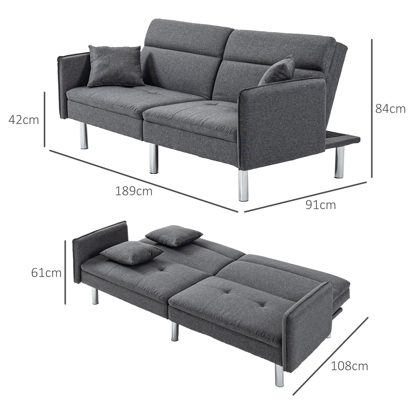 LARNACA - 3 Seater Sofa Bed with Click Clack Mechanism, Reclining Backrest and 2 Cushions, 189x91x84cm, Grey