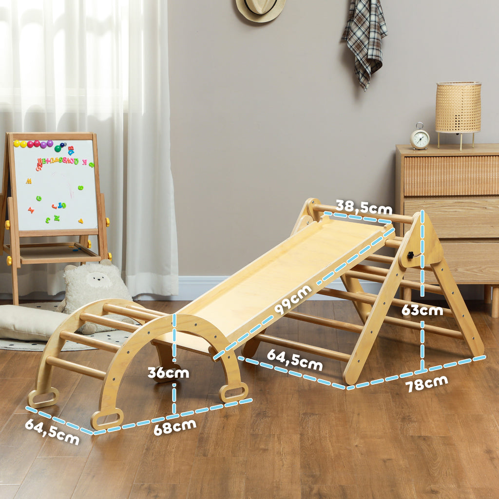 AIYAPLAY Montessori Children's Climbing Game with Triangle and Arch and Ramp with Stones, 178x64.5x63 cm, Wood Color