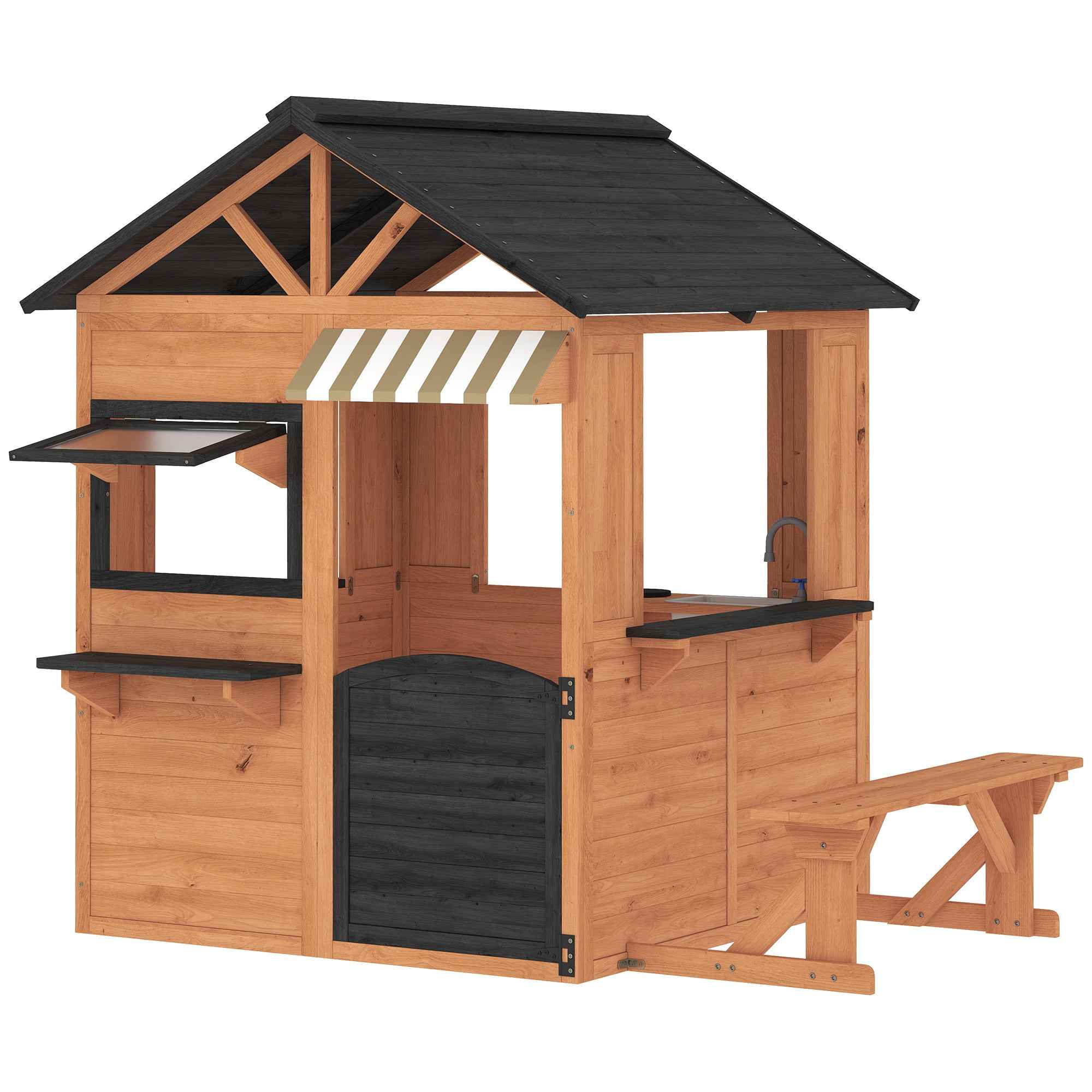 AIYAPLAY Children's Garden Playhouse Made of Fir Wood with Snack Bar, Windows, Half Door, Bench and Brown Roof