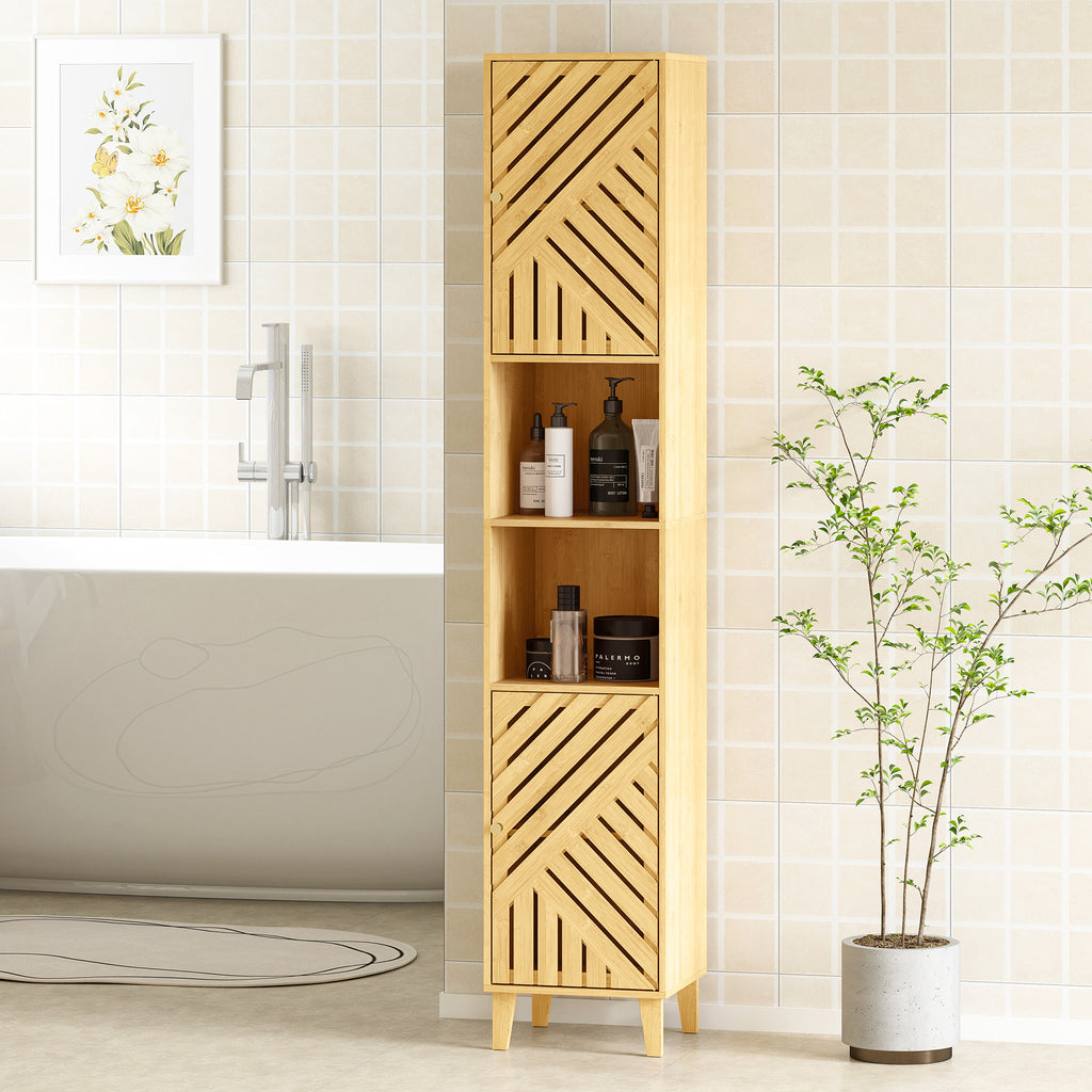 Bathroom Cabinet with 2 Cabinets and 2 Shelves with Adjustable Shelf, in Bamboo and Chipboard, 32x30x170 cm