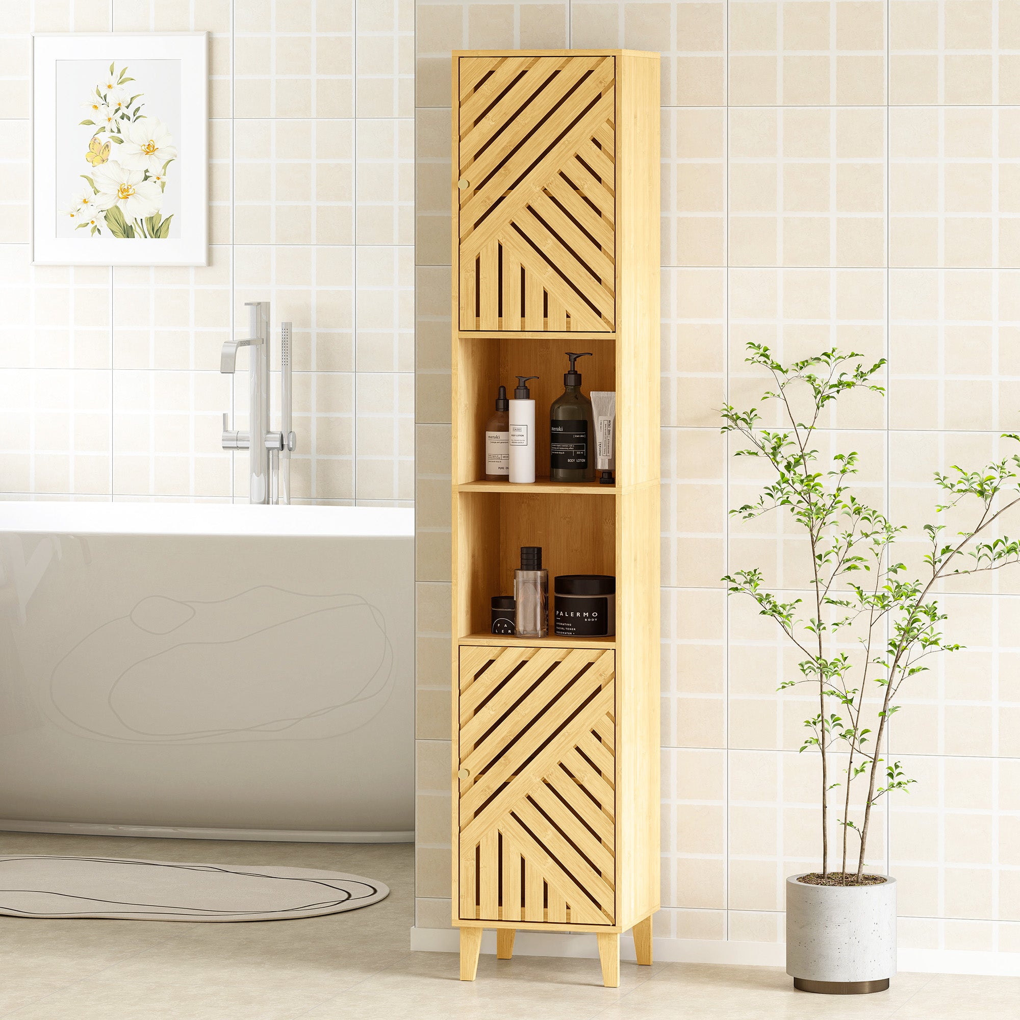 Bathroom Cabinet with 2 Cabinets and 2 Shelves with Adjustable Shelf, in Bamboo and Chipboard, 32x30x170 cm