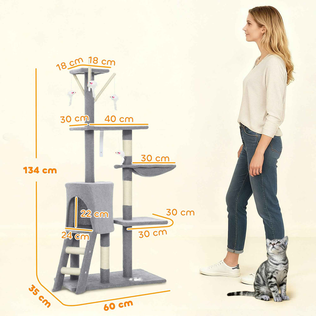 PawHut Cat Tower with House, Perch, Platforms and 4 Mice, Made of Wood, Plush and Sisal, 60x35x134 cm, Grey