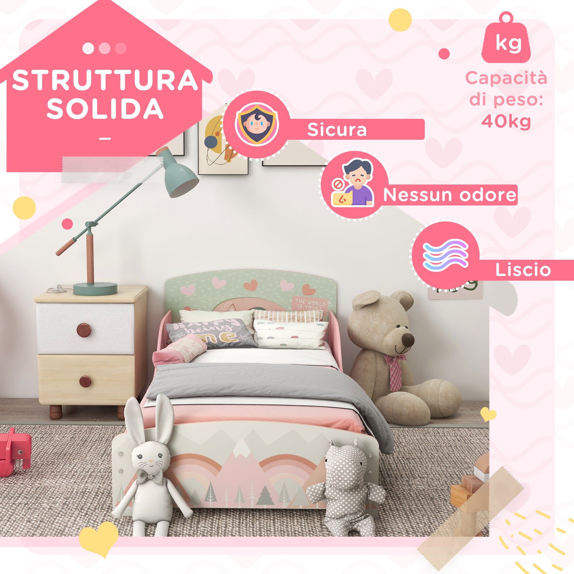 Children's Bed for 3-6 Years with Raised Edges, Slats and Animal Print, 140x70 cm, Pink