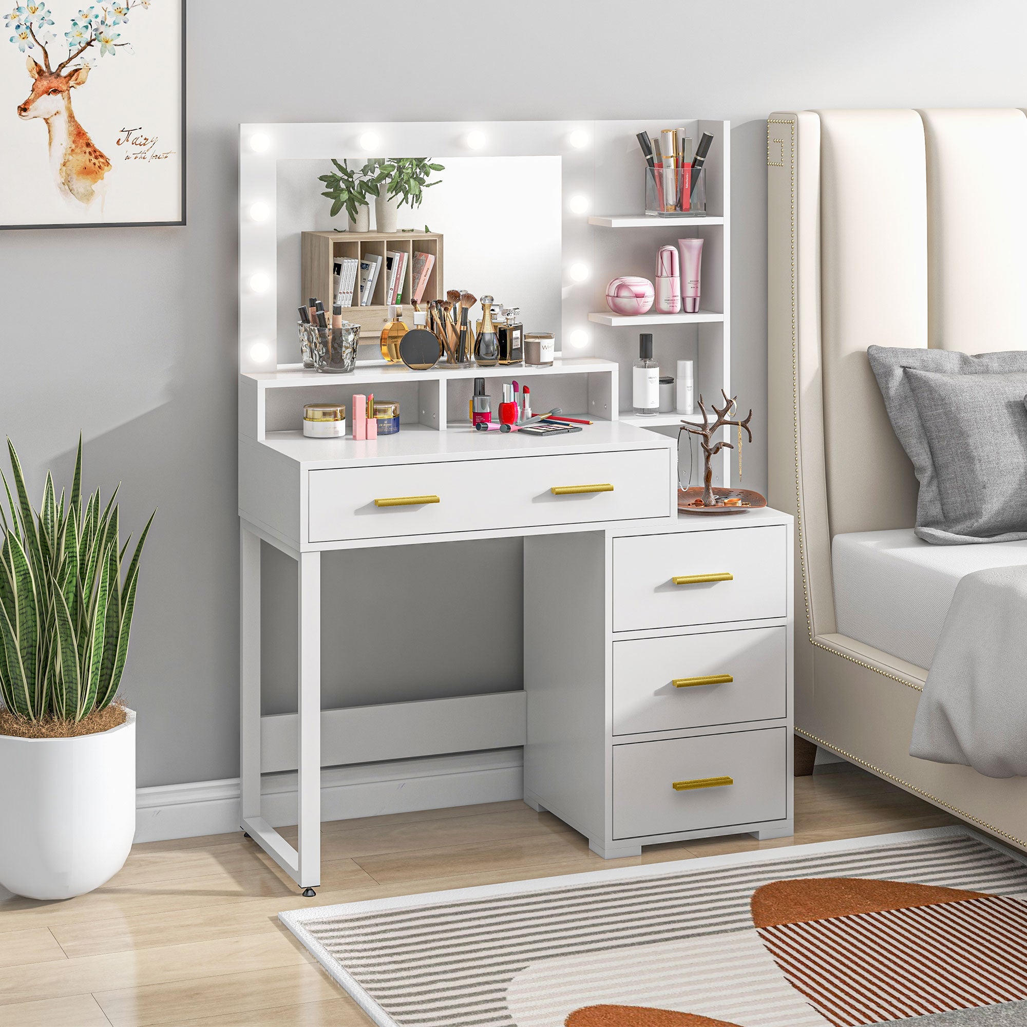 HOMCOM Wooden Makeup Table with 4 Drawers, 6 Open Shelves and Mirror, 100x40x138 cm, White - Borgè