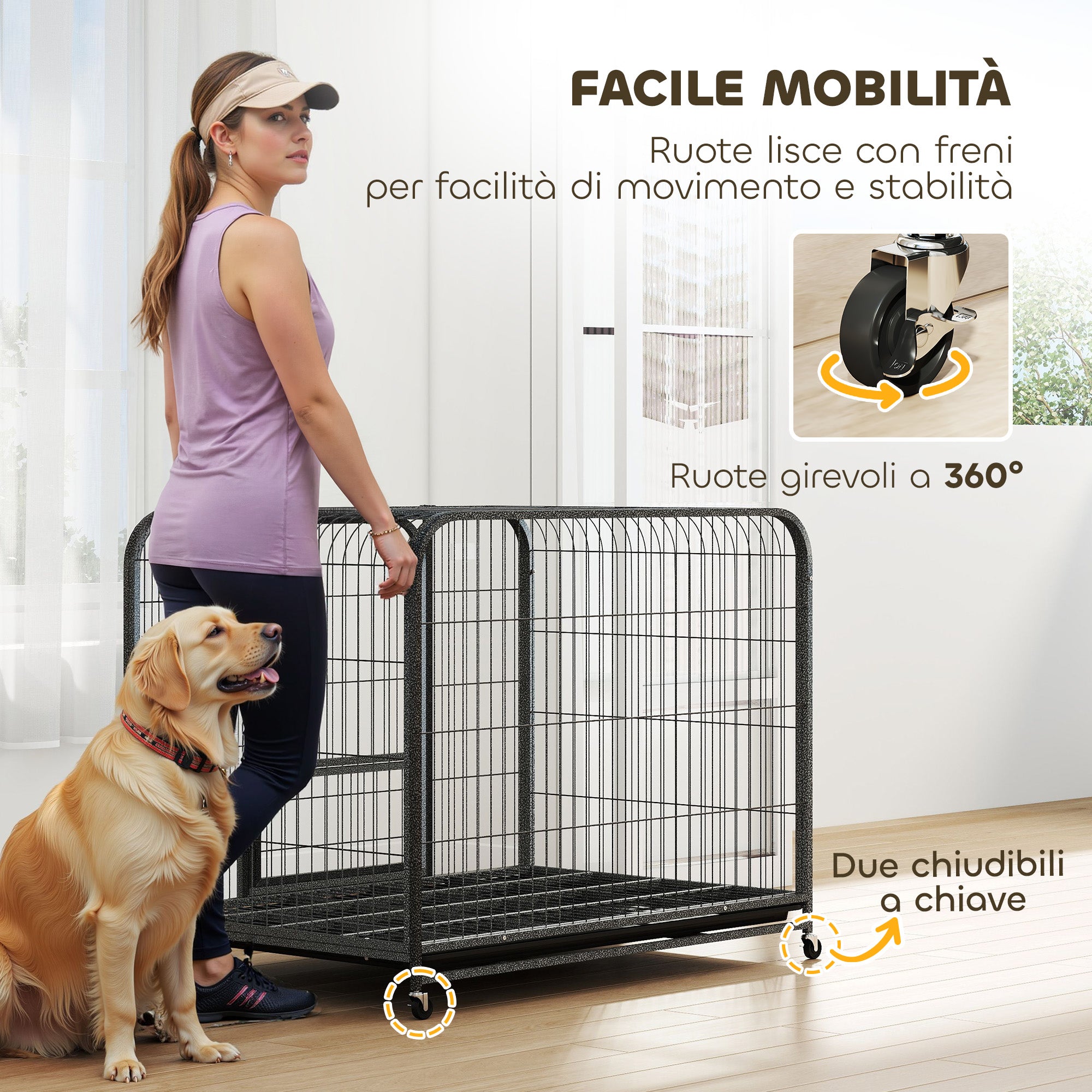 PawHut Steel Dog Cage with Wheels, 3 Doors, Removable Tray and Secure Lock, Black