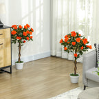 21-Flower Artificial Camellia Plant with Cement and Moss Pot, Ø18x90 cm, Orange