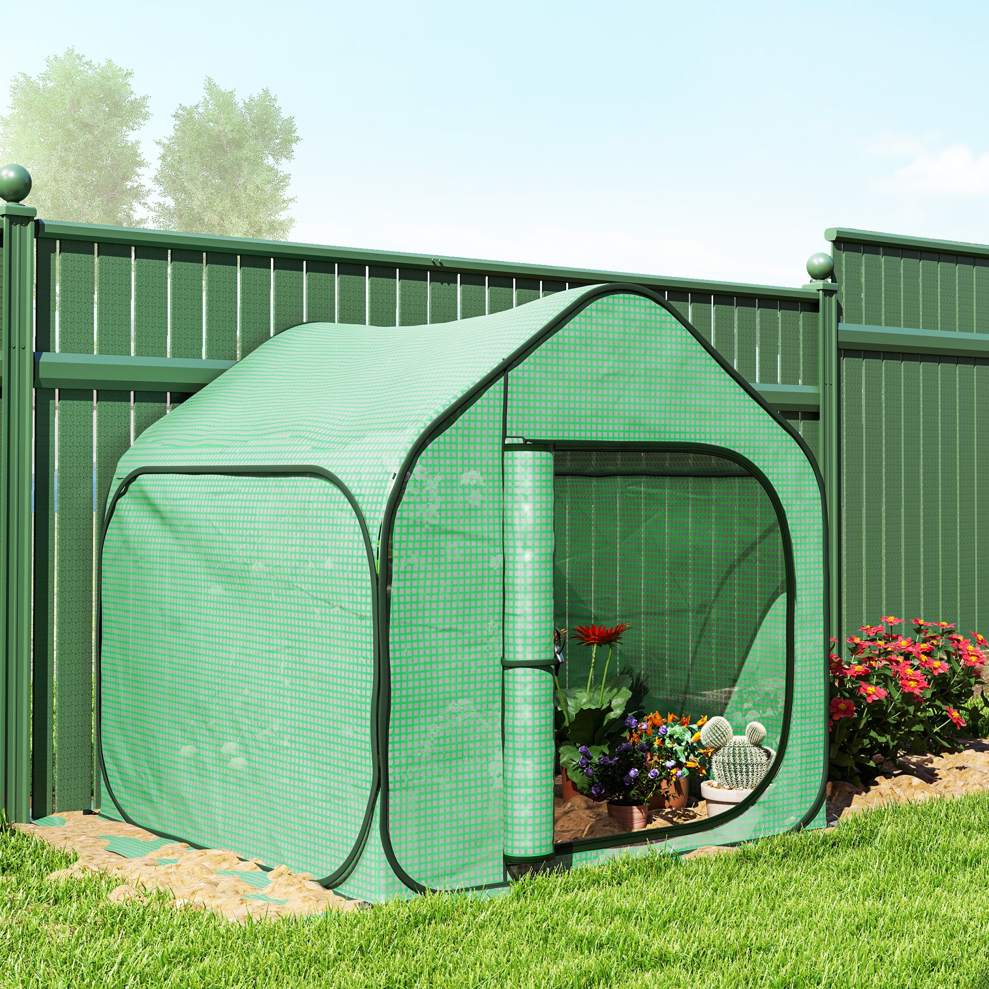 Folding House Greenhouse with Hinged Door, Steel and PE, 150x148x148 cm, Green