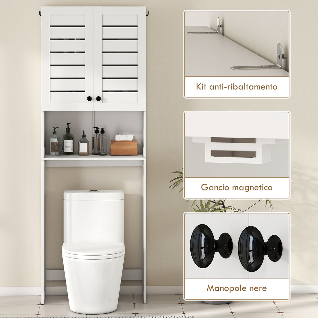 Over Toilet Cabinet with 2 Doors and Open Shelf, White Wood, 67x31.5x190 cm