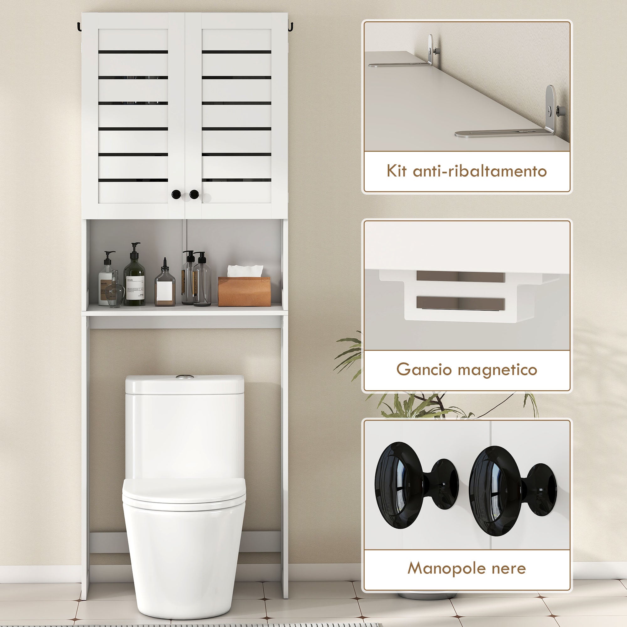 Over Toilet Cabinet with 2 Doors and Open Shelf, White Wood, 67x31.5x190 cm