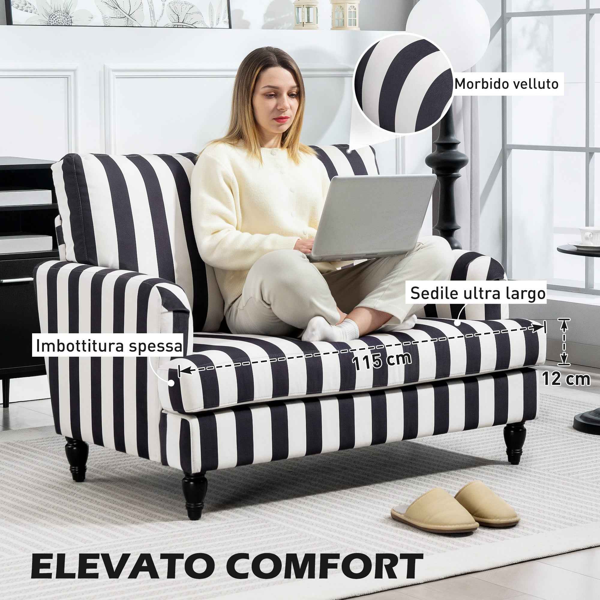 HOMCOM Striped Velvet Wide Seat Lounge Chair with S-Shaped Springs, 115x82x82 cm, Black and White