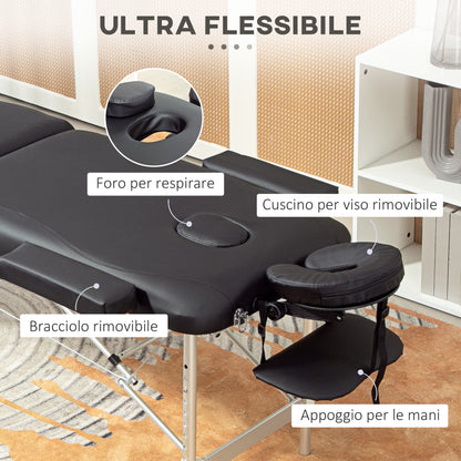 Black Foldable Massage Table with Adjustable Height, in Aluminum and Plastic, 215x60x61-84 cm, Black