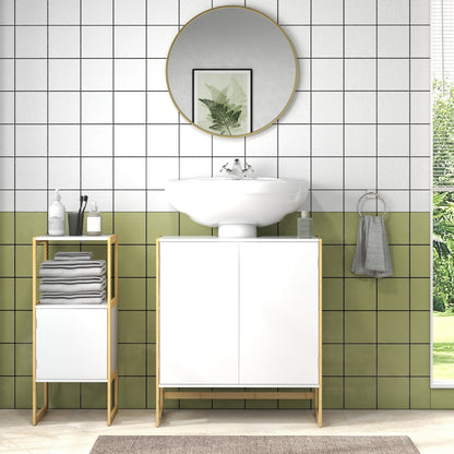 Bathroom Vanity Cabinet with 2 Push-On Doors in Bamboo and MDF with U-Cut, 70x33x79.5cm, White