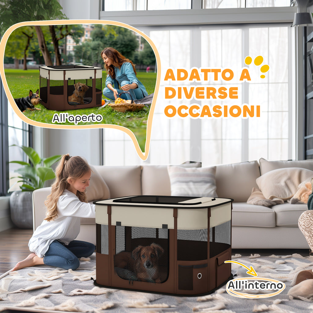 PawHut Pet Playpen with 6 Windows, 3 Doors and 2 Storage Bags, Polyester and Steel, 74x60x45 cm, Brown