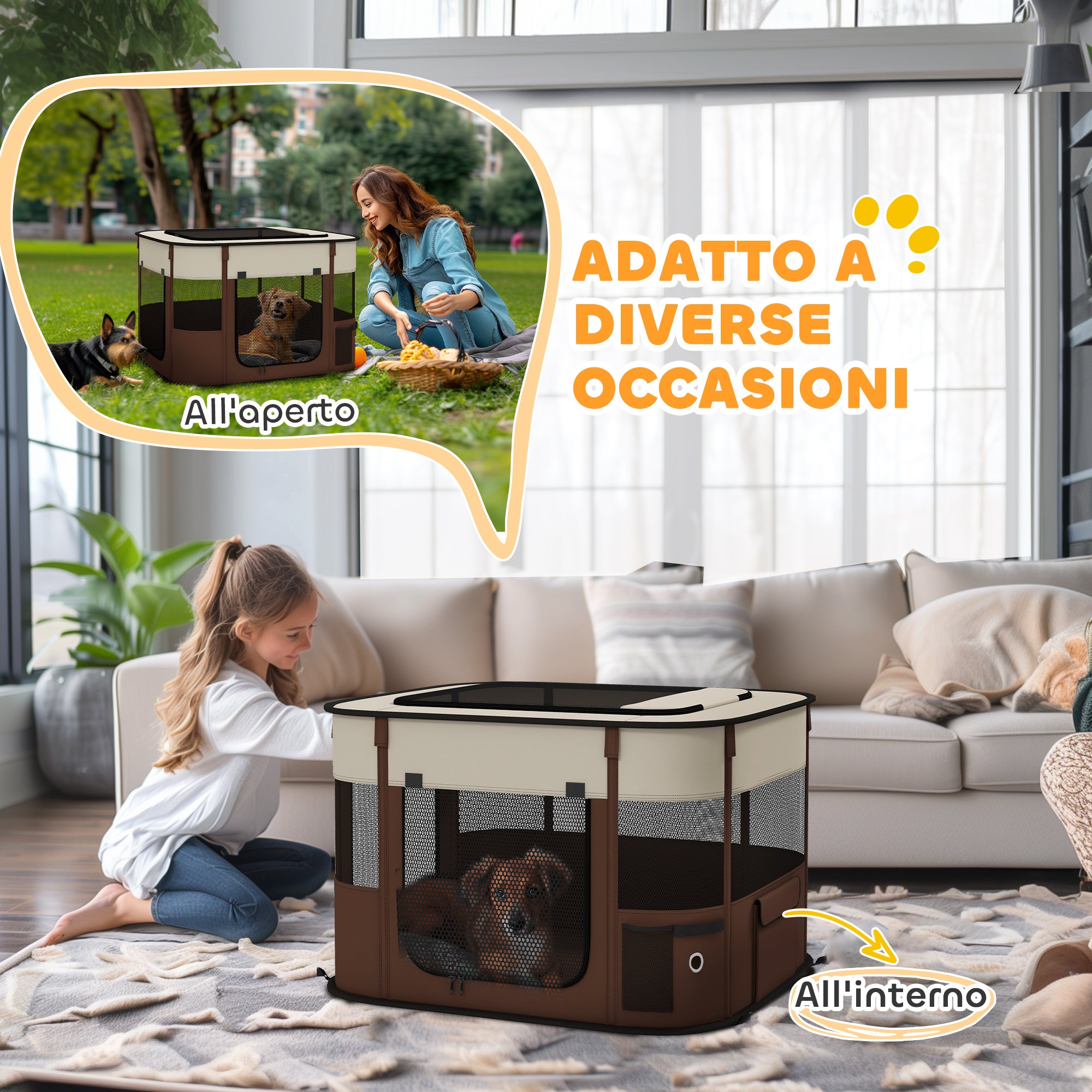 PawHut Pet Playpen with 6 Windows, 3 Doors and 2 Storage Bags, Polyester and Steel, 74x60x45 cm, Brown