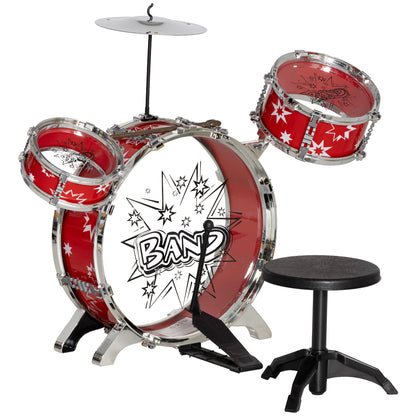 AIYAPLAY 7-Piece Drum Set for Children 3-6 Years with Stool and Drumsticks, in Plastic and Metal, 72x29x56 cm, Red