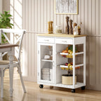 Bamboo Kitchen Cart with 2 Drawers, Cabinet, Shelf and 2 Steel Baskets, 67x35x80 cm, White
