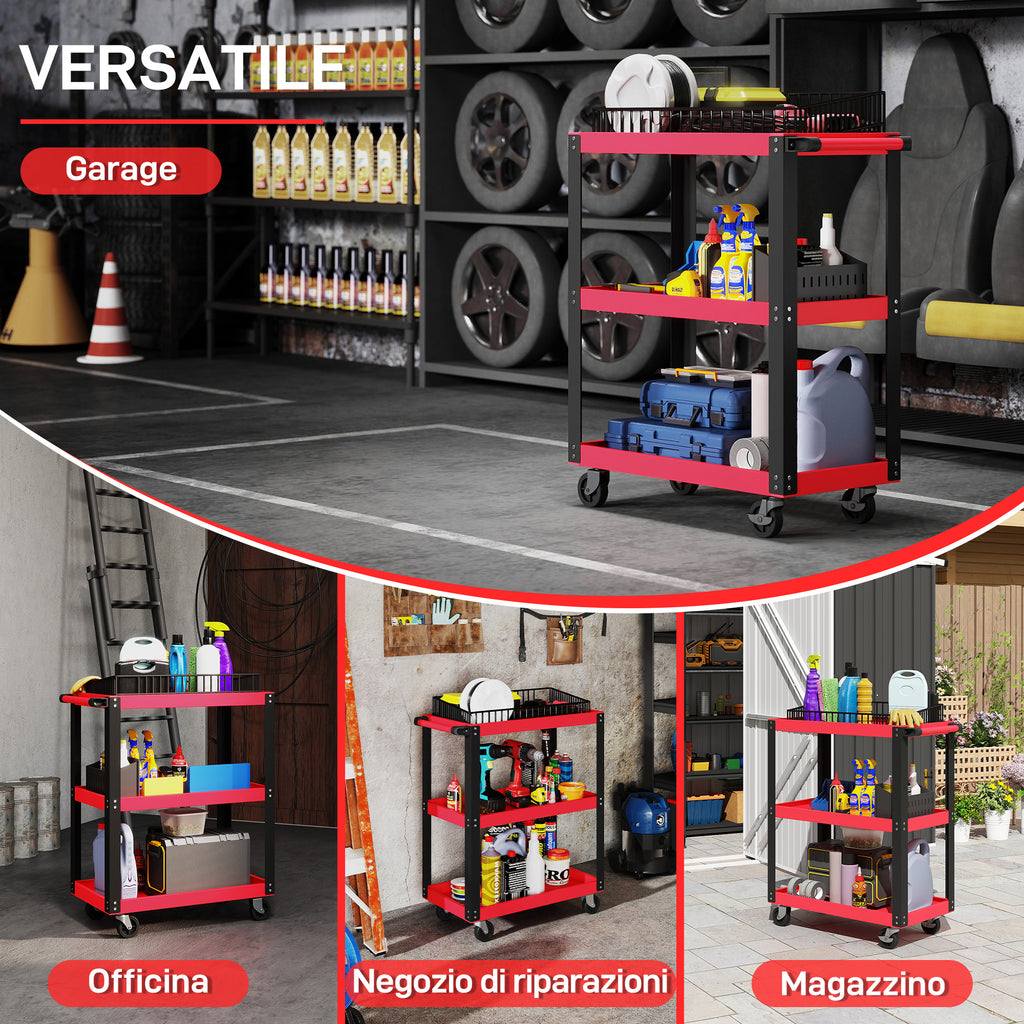 3-Tier Metal and PP Tool Cart, 70.5x35x82.5 cm, Red and Black