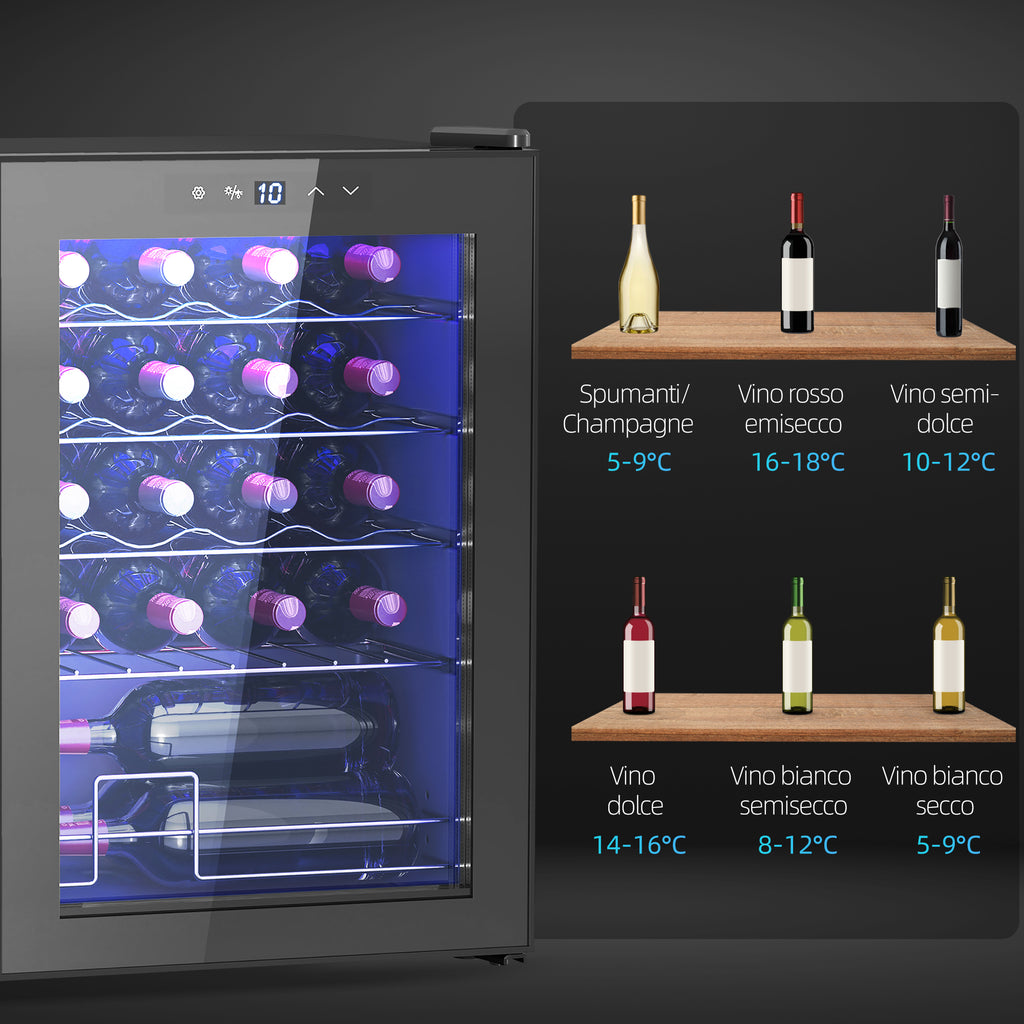 20 Bottle Wine Cooler, 53L Capacity, Anti-UV Glass Door and Adjustable Shelves, Black