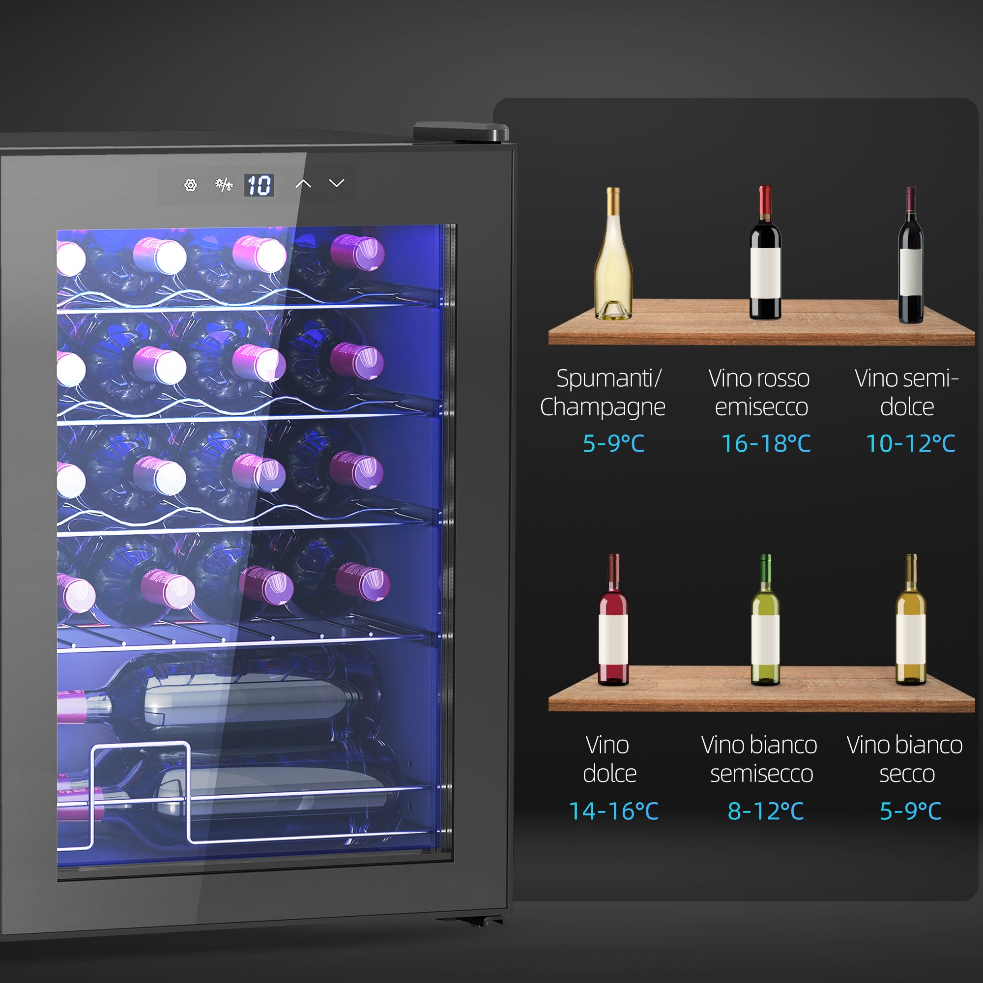 20 Bottle Wine Cooler, 53L Capacity, Anti-UV Glass Door and Adjustable Shelves, Black