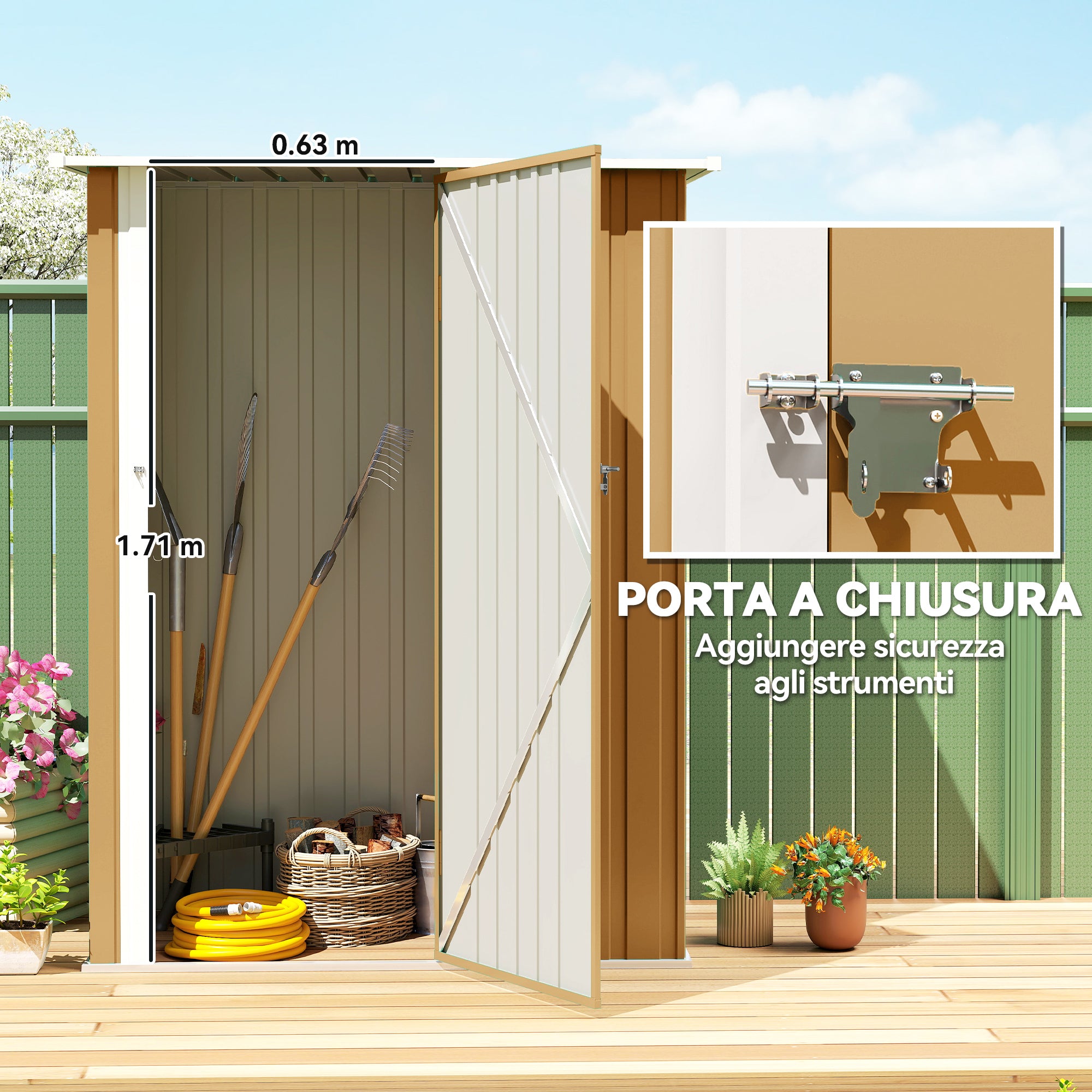 Outsunny Metal Tool Shed with Sloped Roof and Lockable Door, 142x86x189 cm, Yellow
