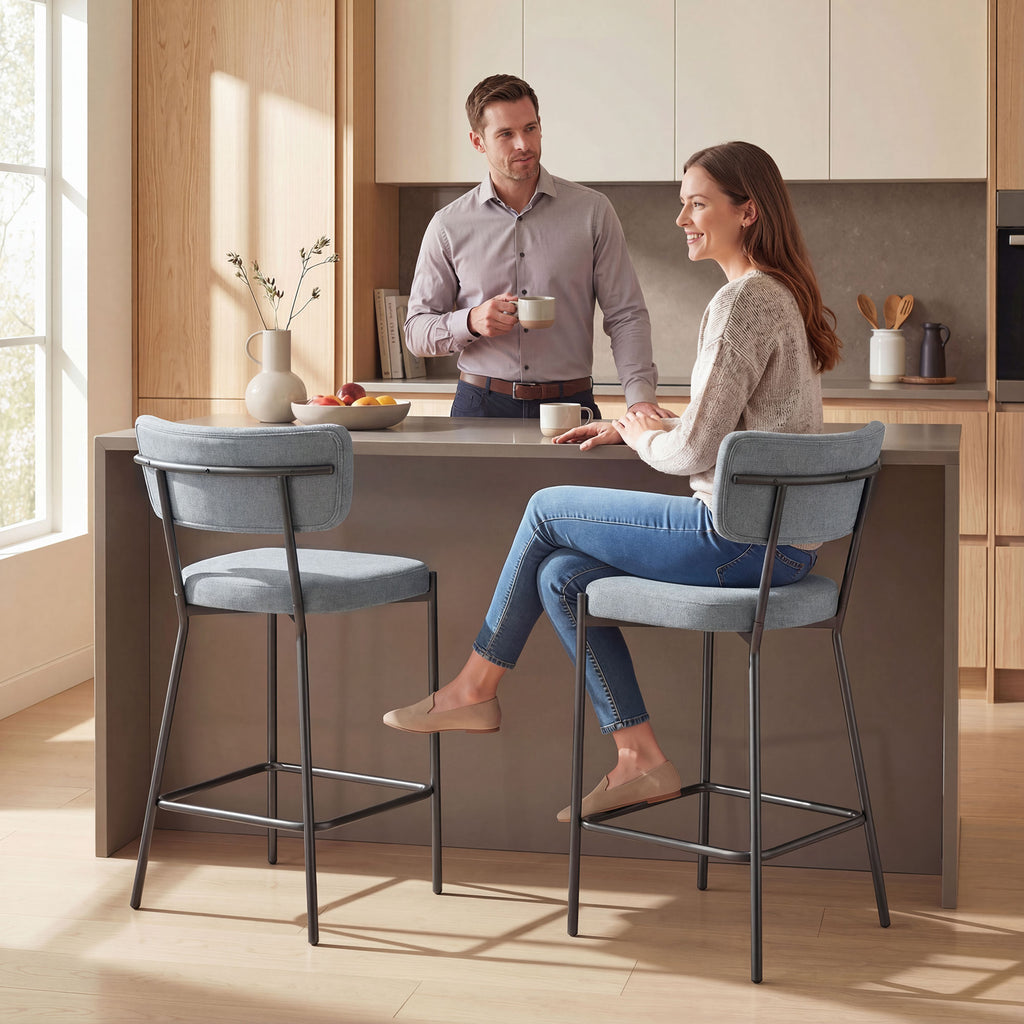 Set of 2 Bar Stools with Backrest and Footrest in Metal and Fabric, Light Grey