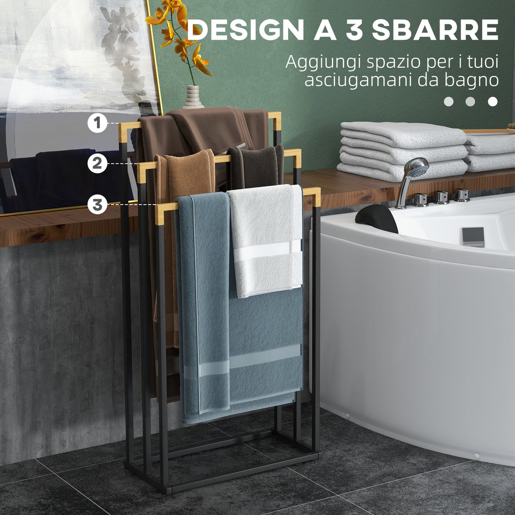 kleankin 3-Bar Bamboo and Steel Towel Rack with Freestanding Design, 45x22.5x86 cm