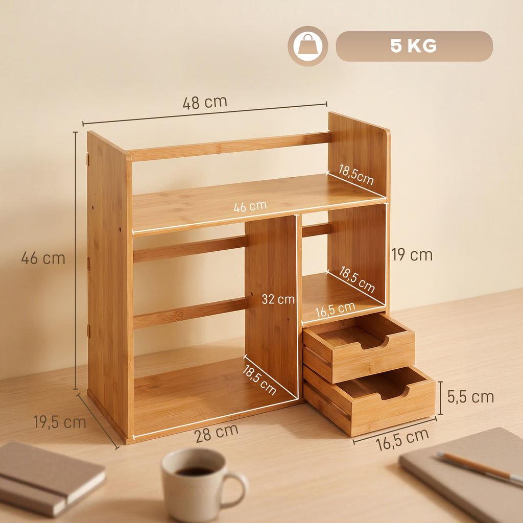 HOMCOM Bamboo Desk Organizer with 2 Drawers, Multifunctional Stationery and Document Holder with Shelves, Reversible Use