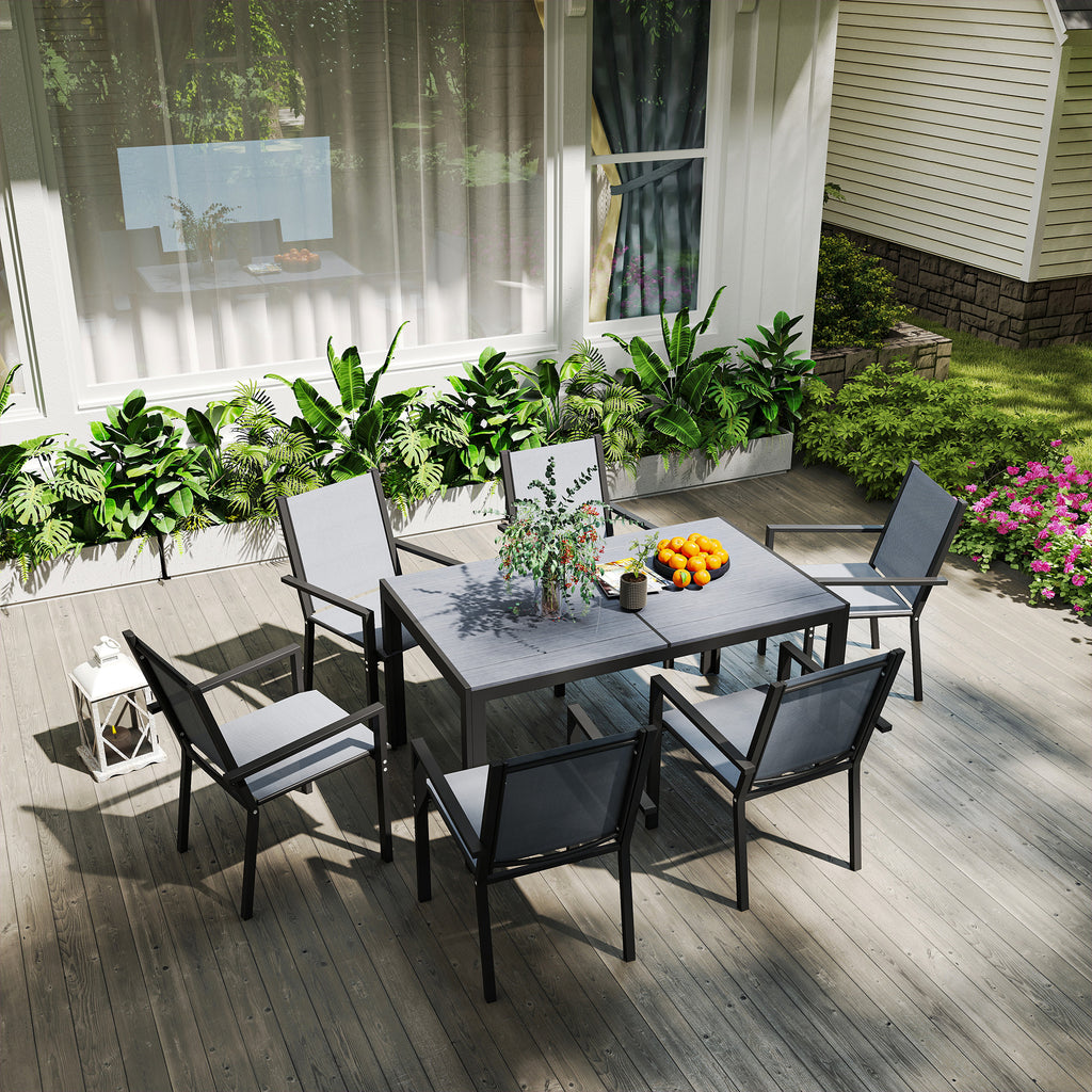 Outsunny Garden Set with 6 Stackable Chairs and Rectangular Dining Table, Light Grey
