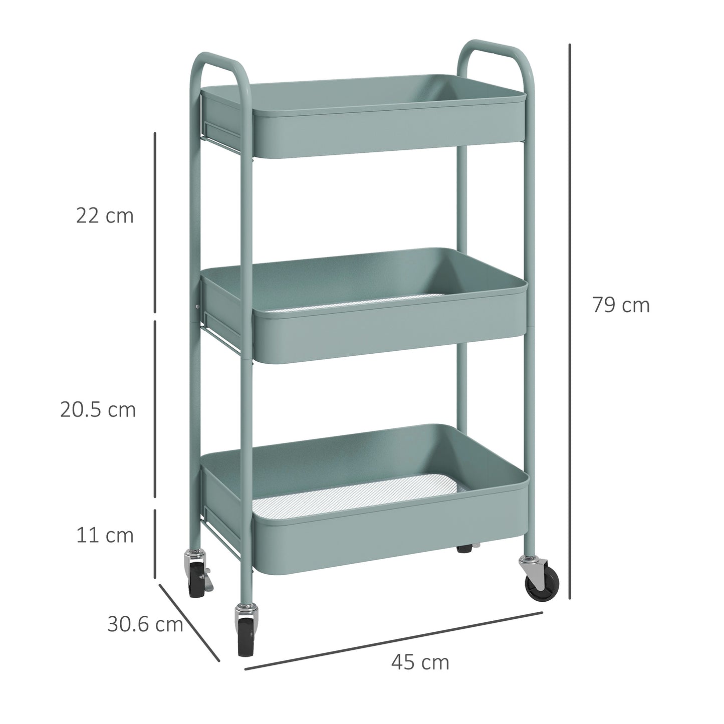 3-Tier Kitchen Trolley with Handles and 4 Casters, Steel, 45x30.6x79 cm, Light Blue