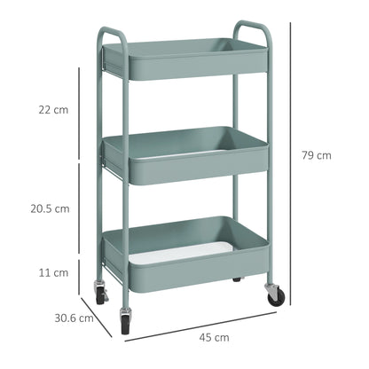 3-Tier Kitchen Trolley with Handles and 4 Casters, Steel, 45x30.6x79 cm, Light Blue