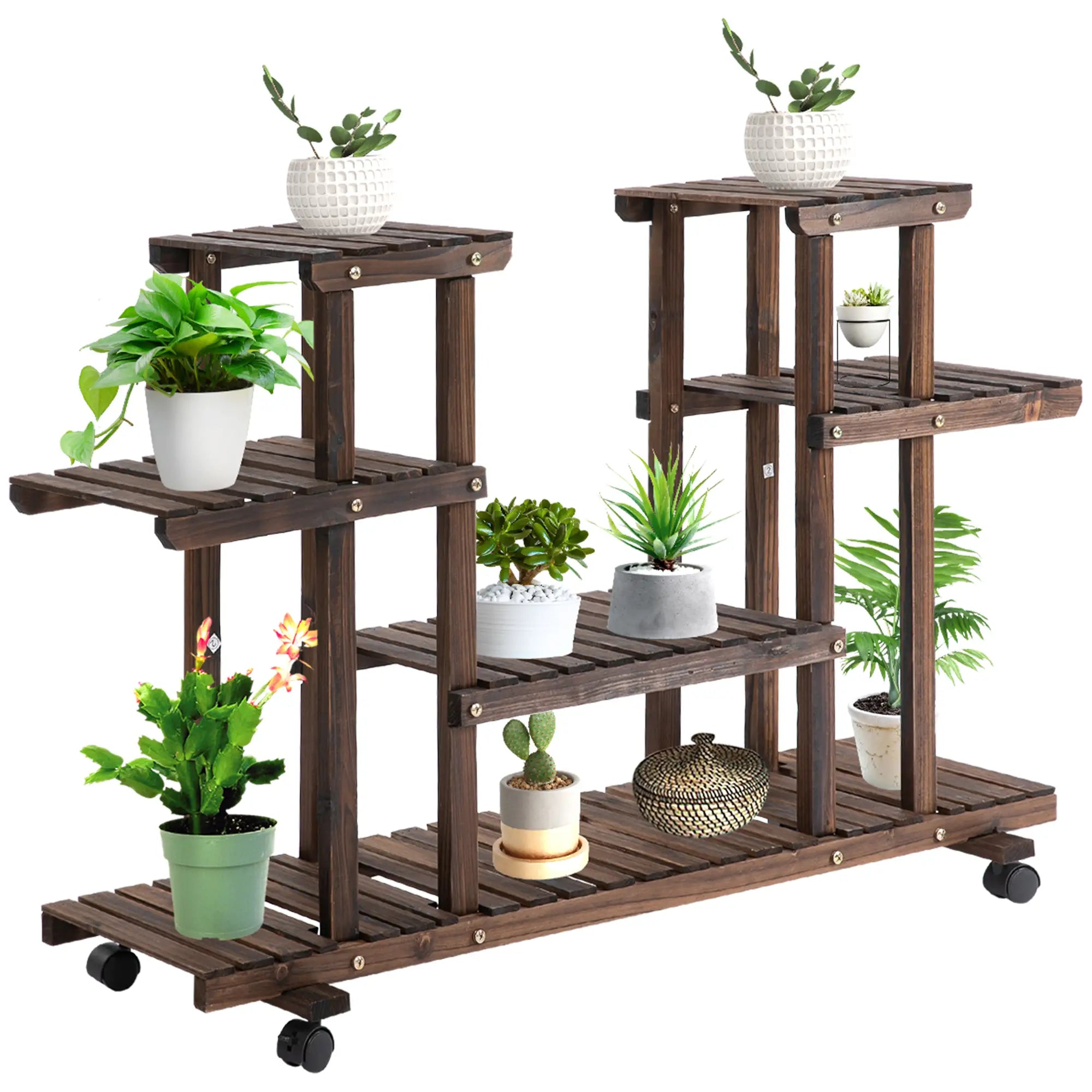 4-Tier Flower Rack, Indoor and Outdoor Wooden Planter with 4 Wheels, 123.5 x 33 x 80cm - Borge' Group Limited