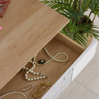 Dressing Table with Circular Mirror Ф39cm, Makeup Console with Drawer in Jungle Decor, White and Oak, 70x39x119-128cm