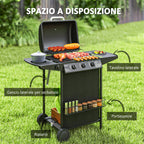 Gas Barbecue with 4 Independent Burners and Lid with Thermometer, 108x54x97 cm, Black