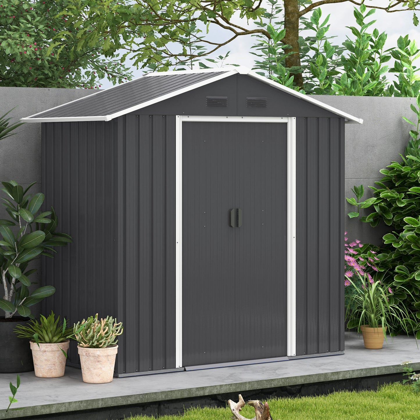 Garden Shed with Double Sliding Door, 4 Air Vents and Locking System, Grey