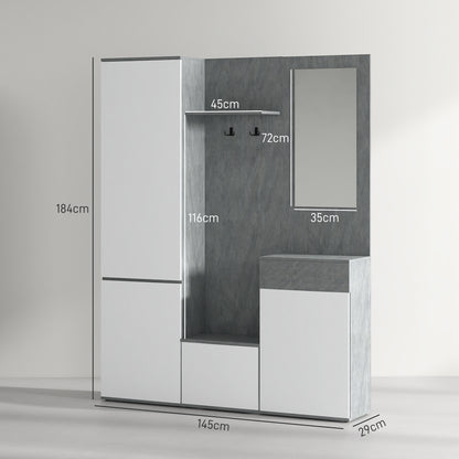 Hallway Cabinet 4 in 1 with Mirror, Hooks and Internal Shelves, Wooden, 145x29x184 cm, Grey and White