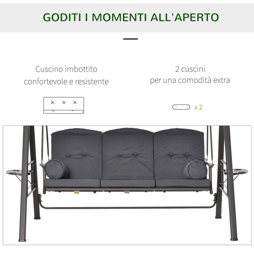 3-Seater Garden Swing with Adjustable Roof, Cup Holder and Cushions, 208x120x172 cm, Grey