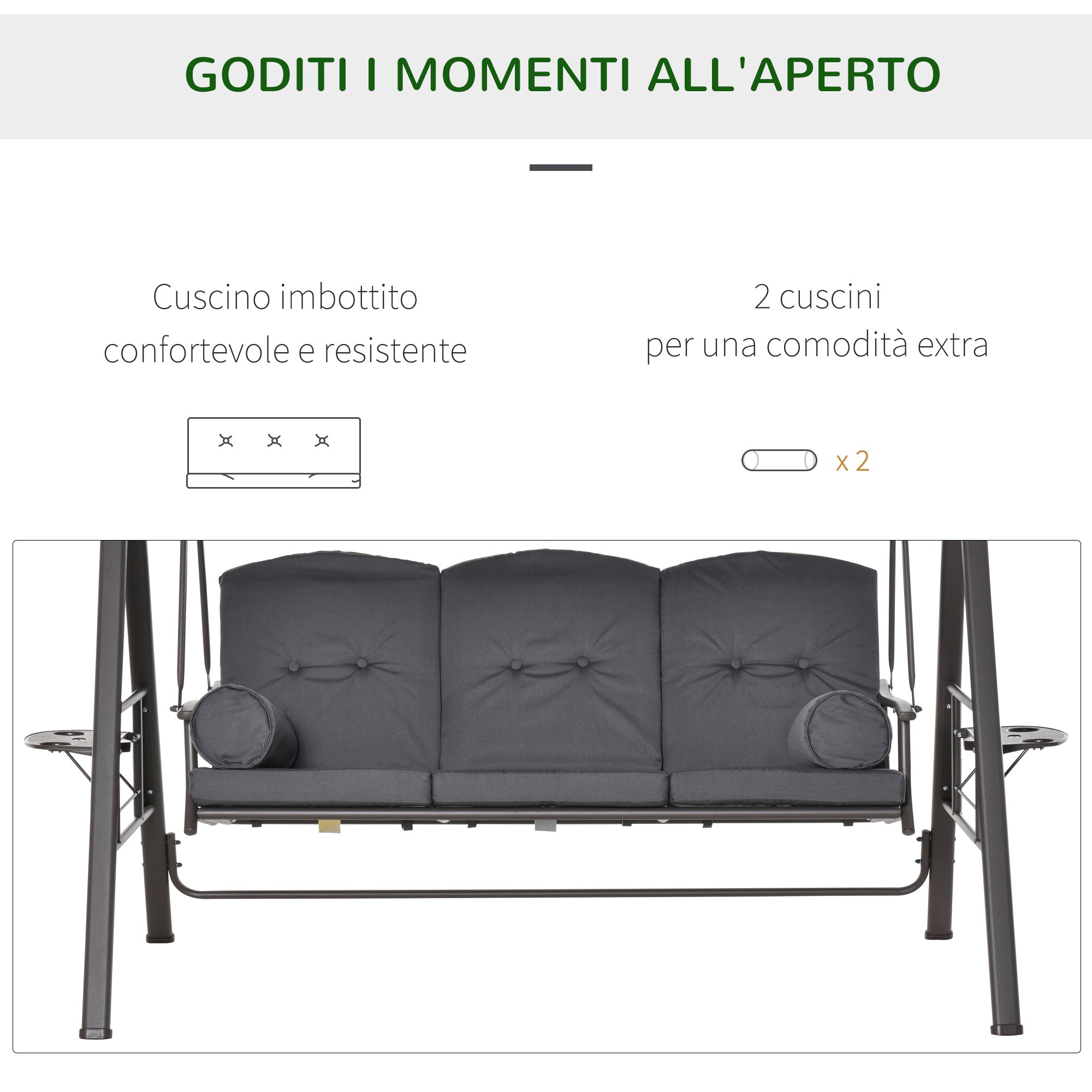 3-Seater Garden Swing with Adjustable Roof, Cup Holder and Cushions, 208x120x172 cm, Grey