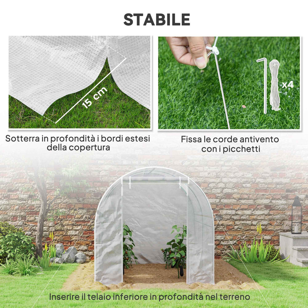 Outsunny 2.5x2x2m Steel Frame Tunnel Greenhouse with 4 PE Windows, White