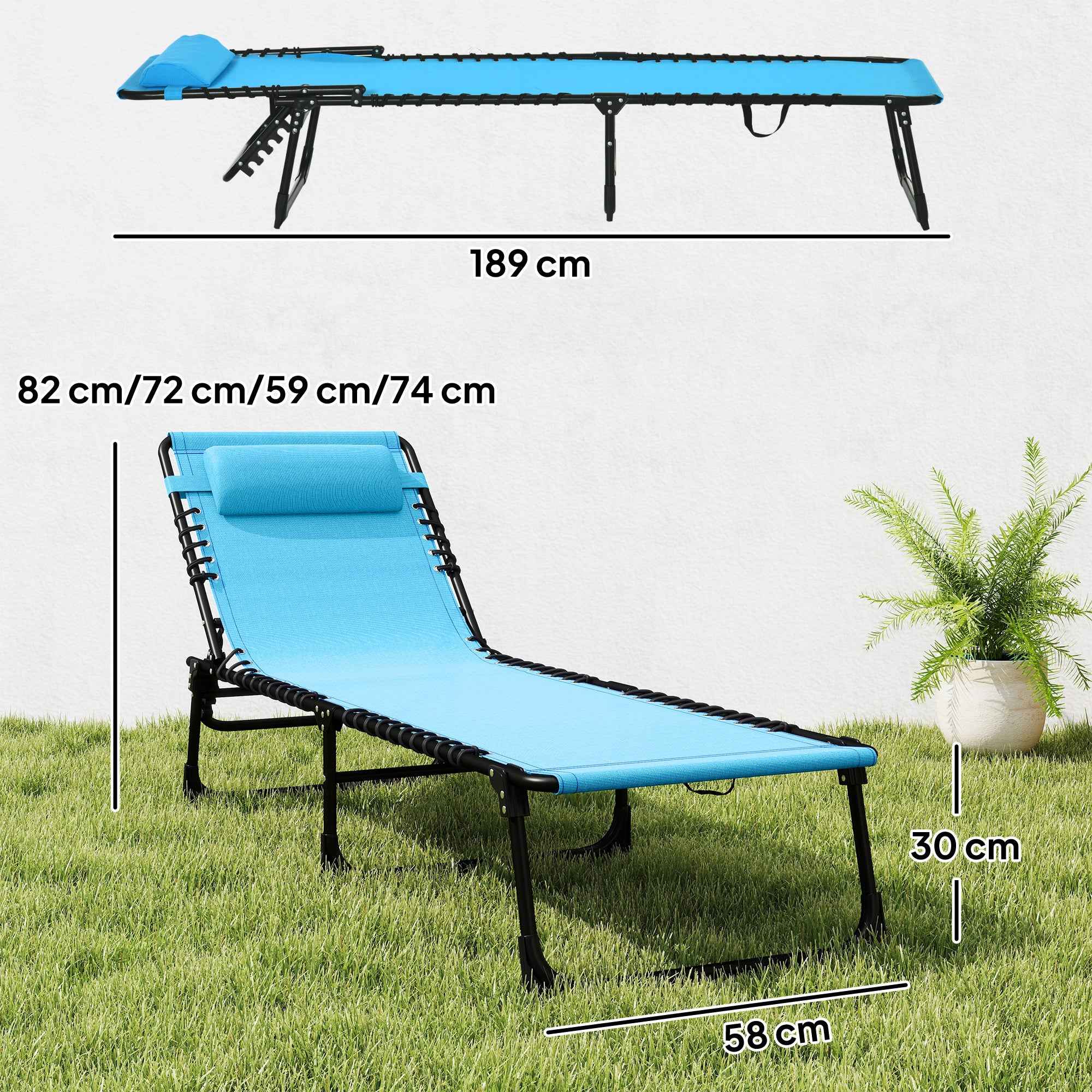 Outsunny Folding Sun Lounger with Reclining Backrest in Steel and Mesh Fabric, 189x58x30 cm, Blue