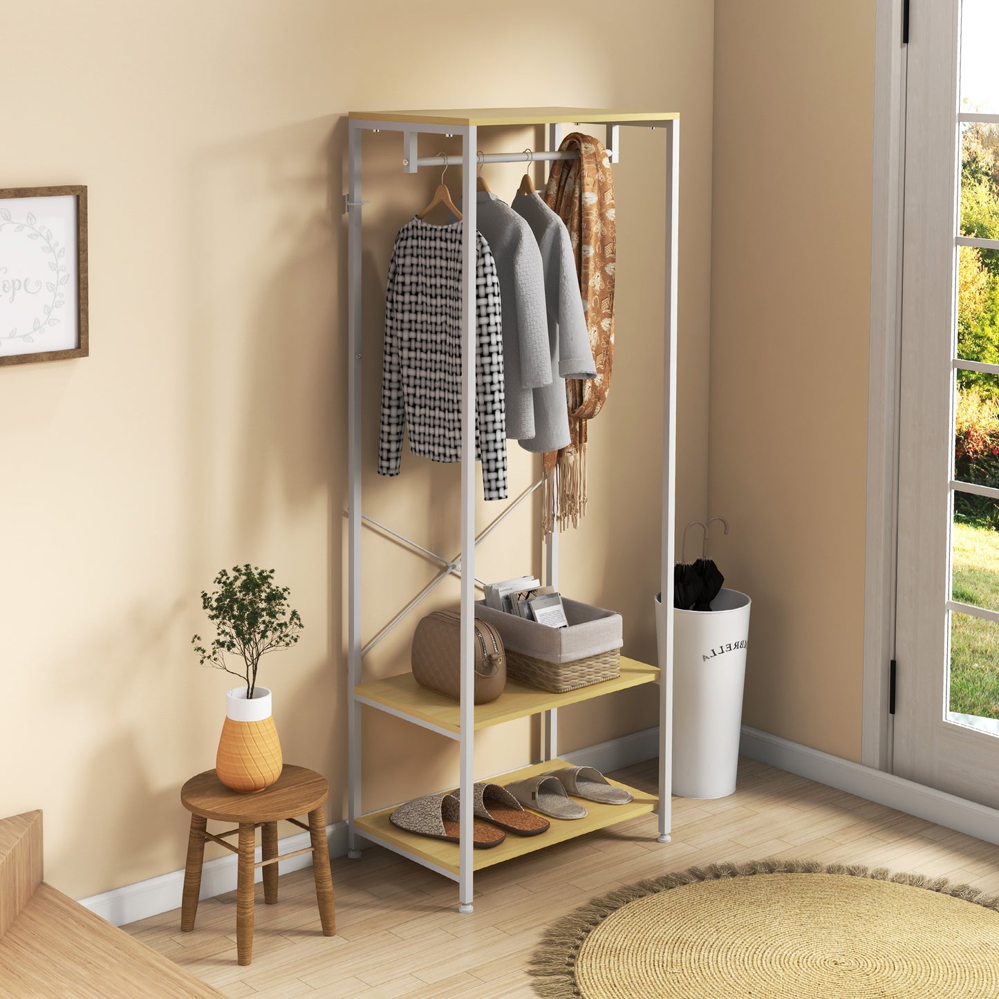 Clothes Stand 2 in 1  with 2-Tier Shelf, Steel and Chipboard, 60x40x167.5 cm