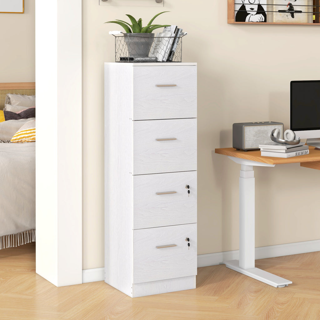 4 Drawer Office Cabinet with 2 Locks and Document Holder Bar, Wooden, 40x42x130.8 cm, White