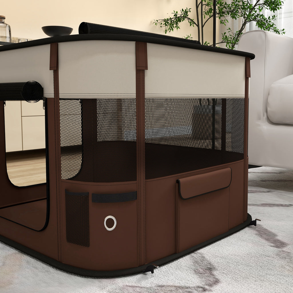 PawHut Pet Playpen with 6 Windows, 3 Doors and 2 Storage Bags, Polyester and Steel, 74x60x45 cm, Brown
