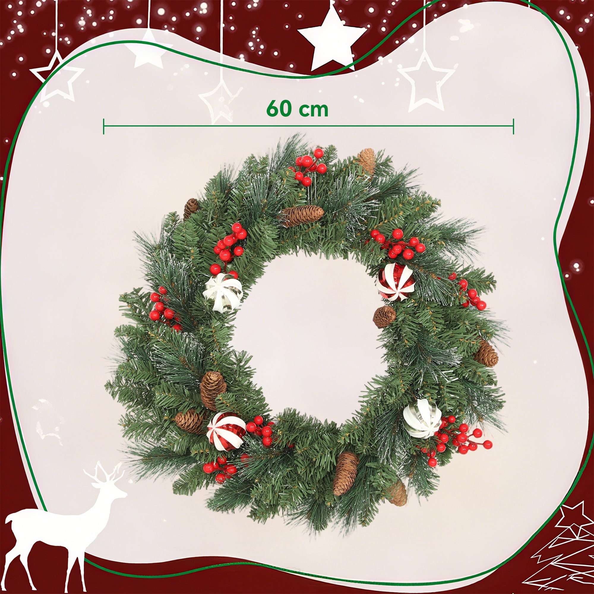60cm Christmas Wreath with 146 Snow-Covered Branches, Pine Cones, Berries and Baubles, Green