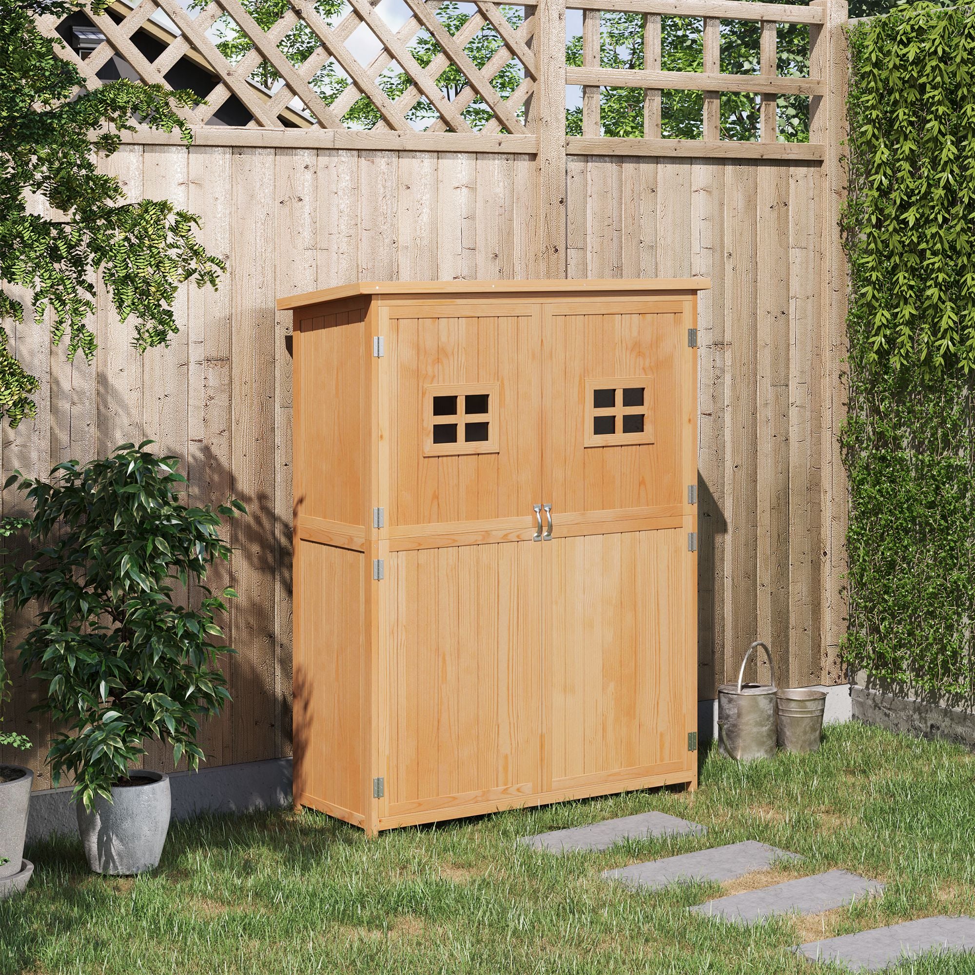 Wooden Garden Shed with Double Door, Shelves and Windows, 127.5x50x164cm