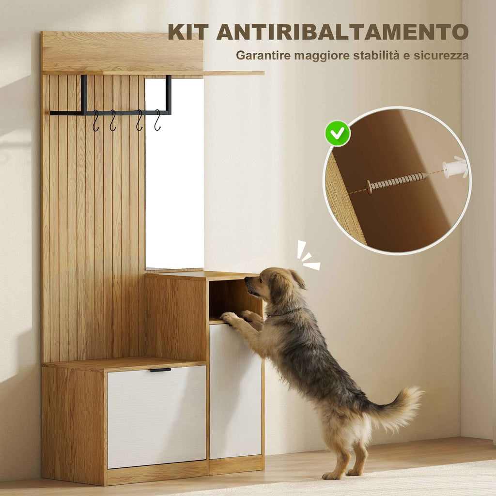 HOMCOM Hallway Coat Rack with Rod, 4 Hooks, Bench with Shoe Rack and Cabinet, Oak and White