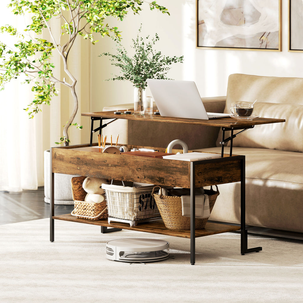 Industrial Style Lift-Up Coffee Table with Hidden Storage and Bottom Shelf, Brown