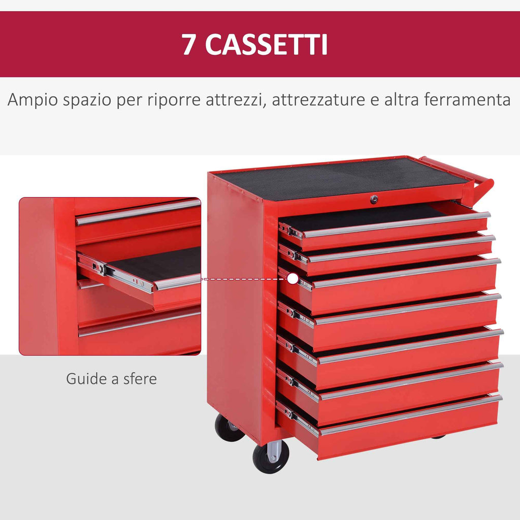 DURHAND Tool Cart with 7 Drawers, EVA Mats, Lock and 2 Keys, Wheels with Brakes, Handle, Red